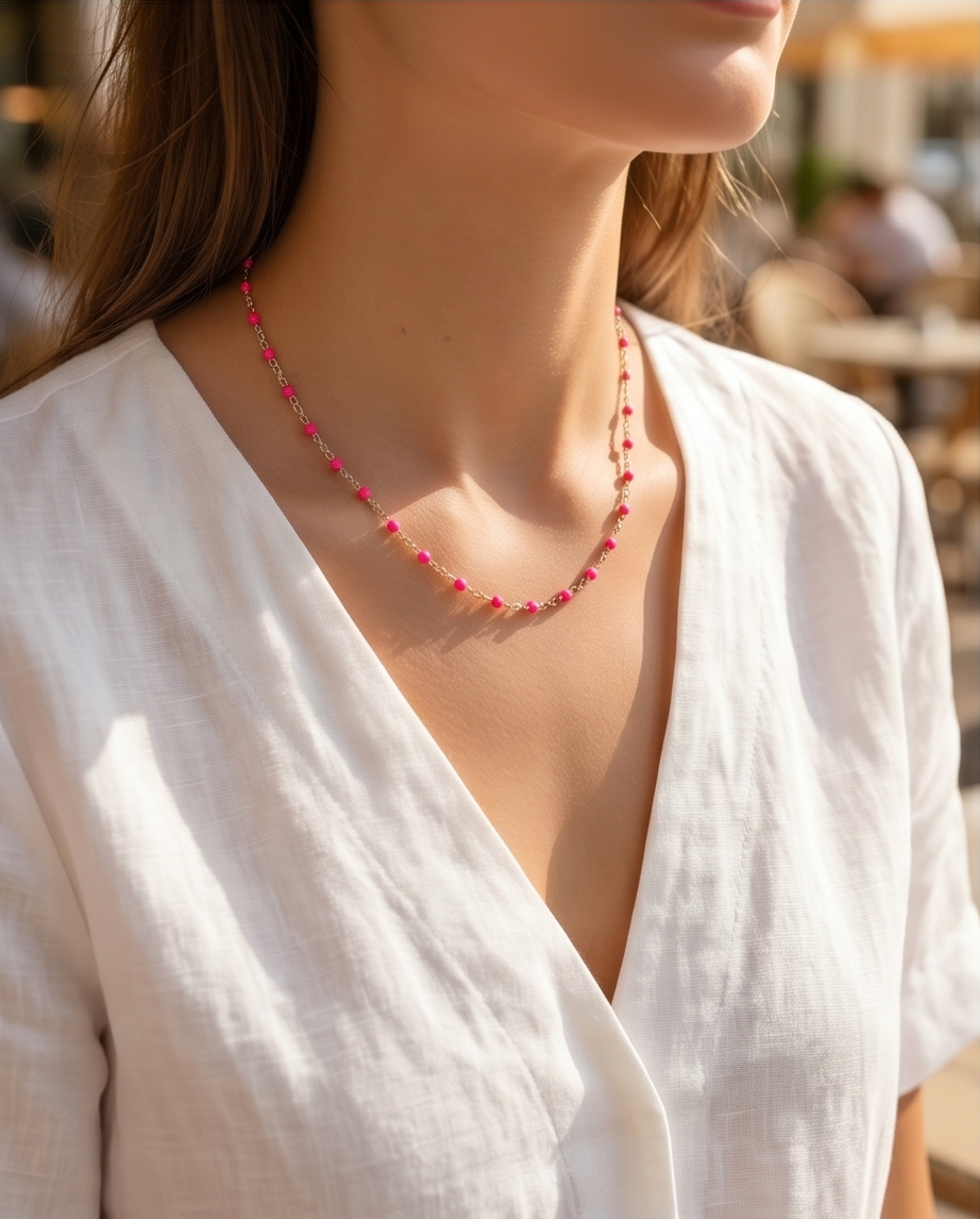 Gold Bright Pink Bead Necklace #16