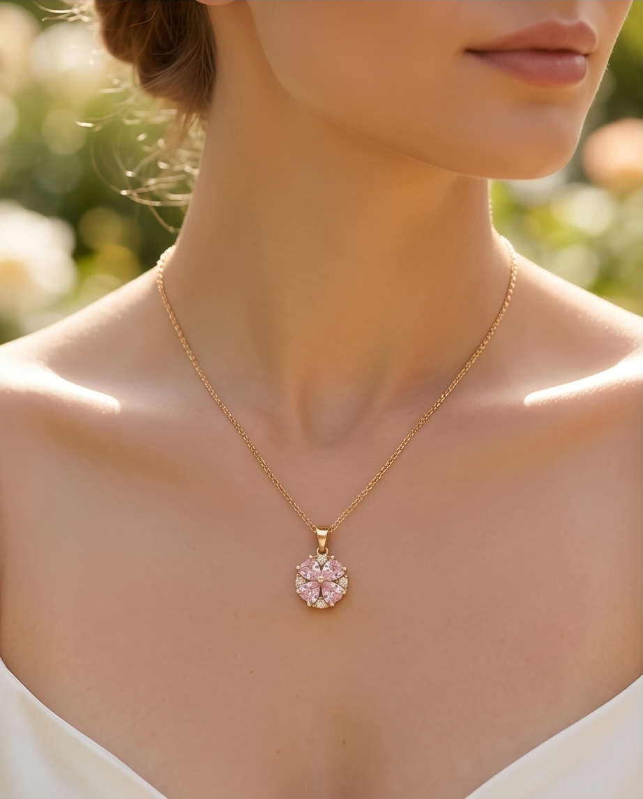 Gold Pink Flower Necklace #51