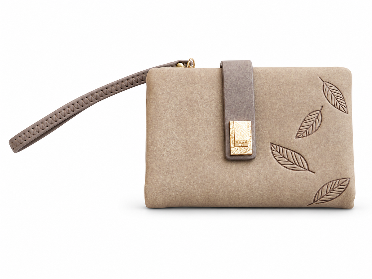 Taupe Leaf-Embossed Wristlet Wallet