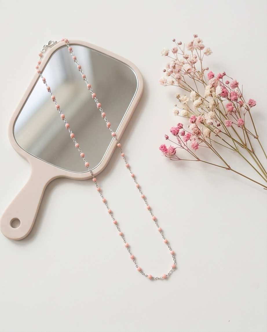 Silver Pink Bead Necklace #31