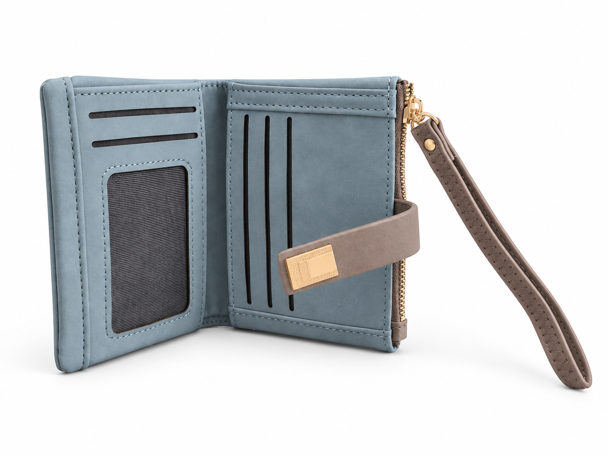 Dusty Blue Leaf-Embossed Wristlet Wallet