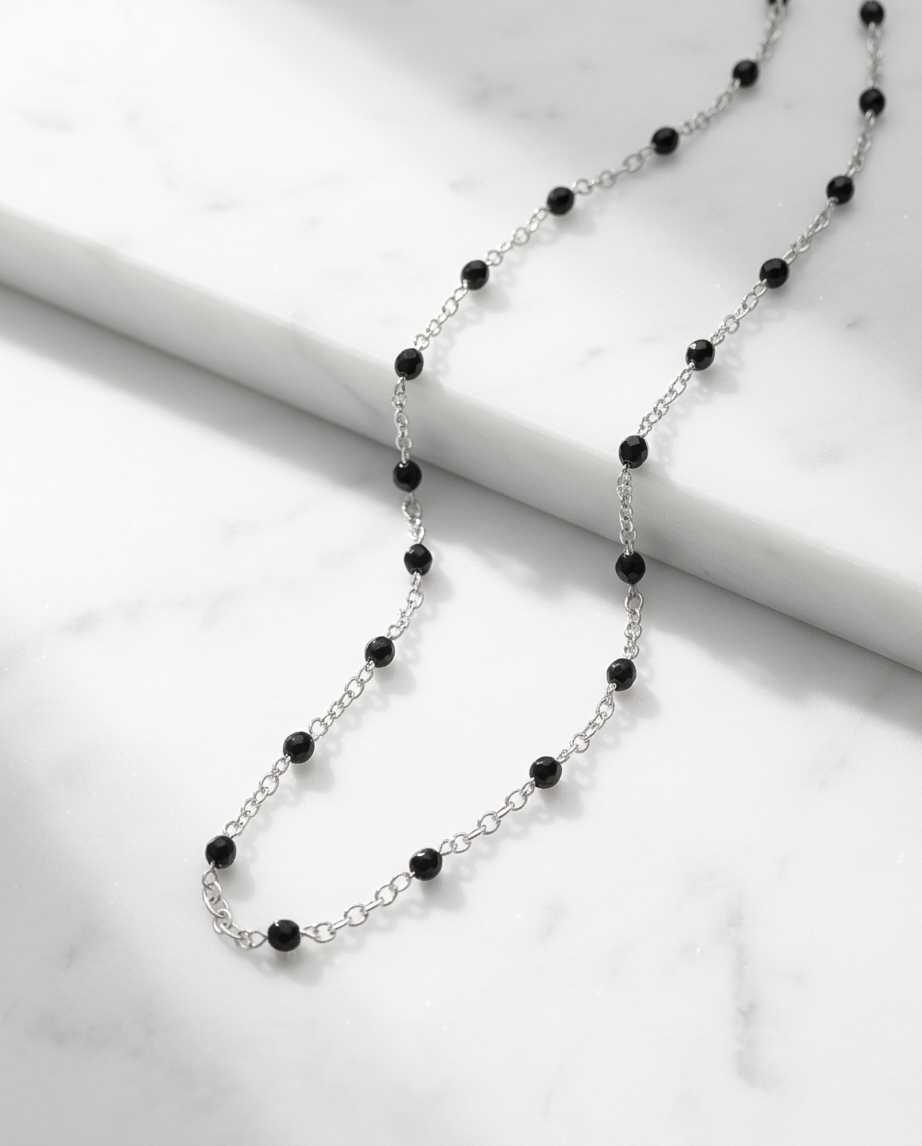 Silver Black Bead Necklace #27