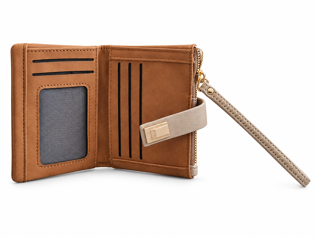 Cognac Brown Leaf-Design Wristlet Wallet