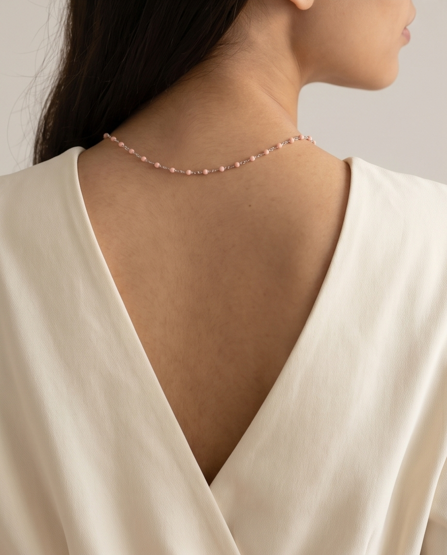 Silver Pink Bead Necklace #31