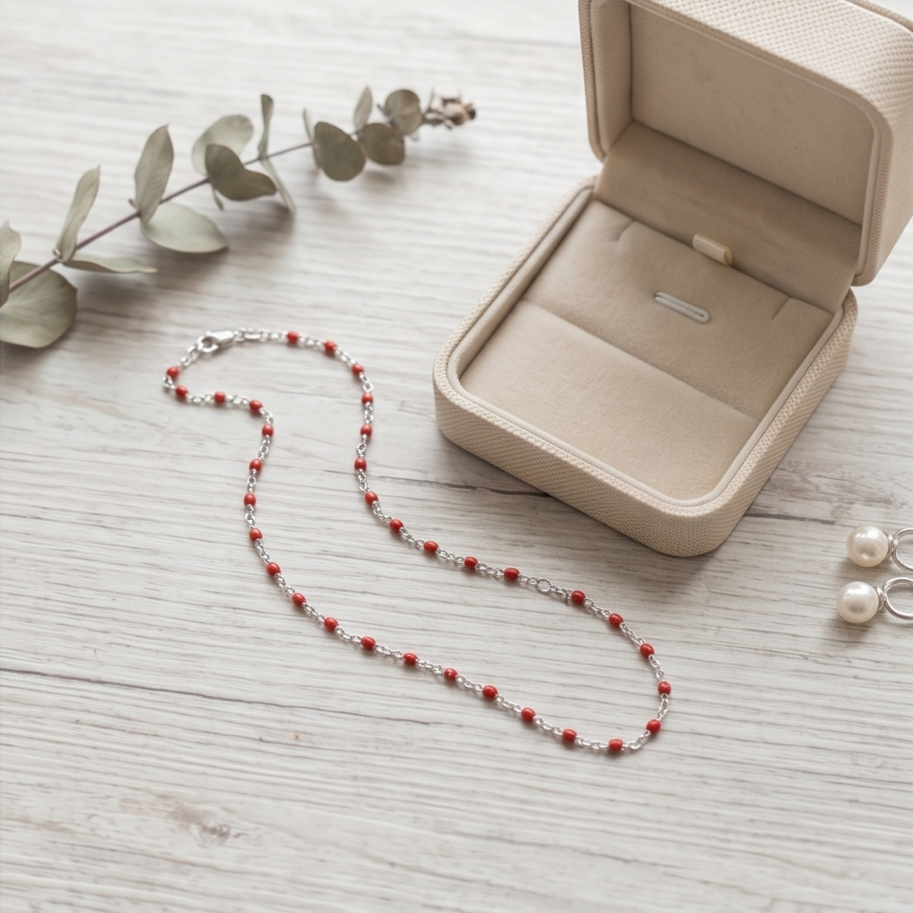 Silver Red Bead Necklace #30