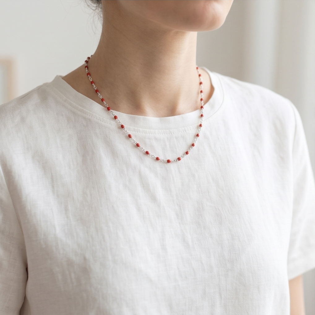 Silver Red Bead Necklace #30