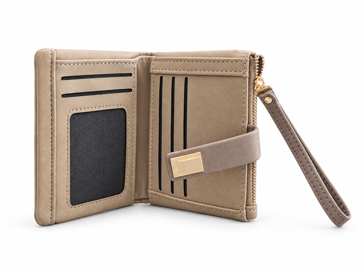 Taupe Leaf-Embossed Wristlet Wallet